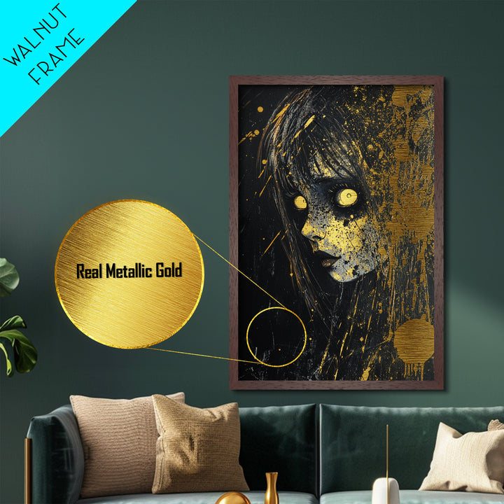 Creepy Horror Doll Portrait Metallic Gold Art Metal Art Spooky Halloween Wall Decor in handcrafted real wood frame