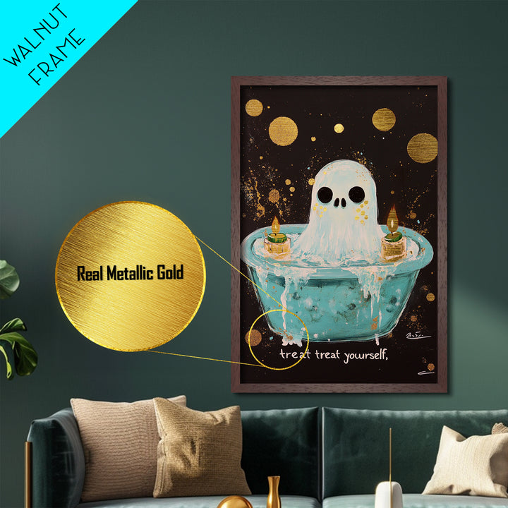 Cute Bathtub Ghost Metallic Gold Art Metal Art Halloween Spooky Season Wall Print framed with solid real wood accents