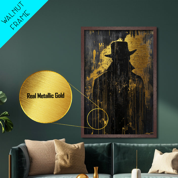 Dark Shadow Figure Metallic Gold Art Metal Art Creepy Horror Halloween Haunted Wall Decor in premium real wood frame