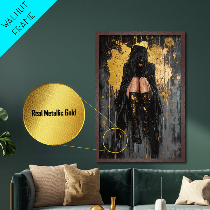 Moody Gothic Girl in Hood Metallic Gold Art Metal Art Spooky Season Haunted Halloween Wall Hanging with natural wood frame