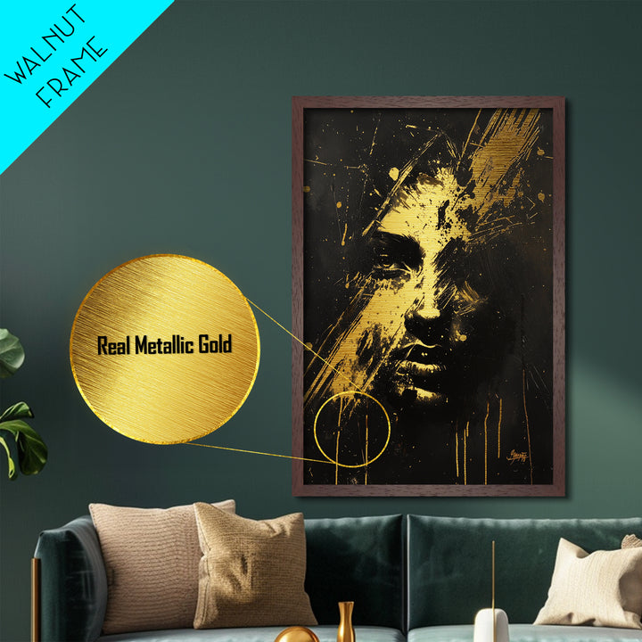 Abstract Haunted Face Metallic Gold Art Metal Art Spooky Horror Gothic Halloween Wall Print framed in genuine wood