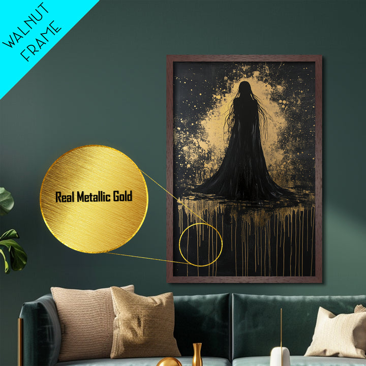 Spooky Ghostly Silhouette Metallic Gold Art Metal Art Haunted Horror Halloween Wall Hanging with authentic real wood frame