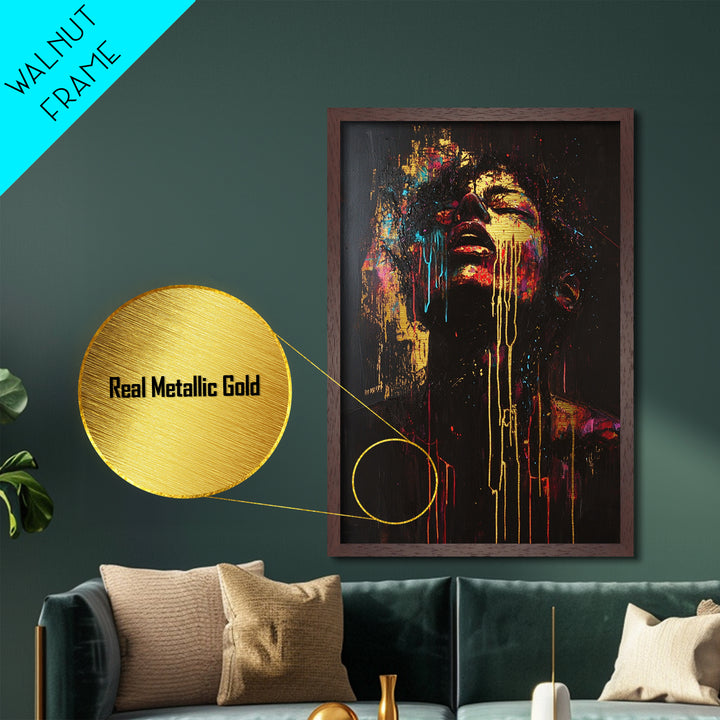 Vibrant Horror Scream Metallic Gold Art Metal Art Creepy Spooky Halloween Abstract Wall Art in real wood handcrafted frame