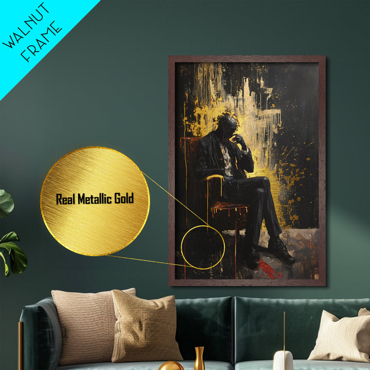 Haunted Man in Suit Metallic Gold Art Metal Art Gothic Horror Halloween Spooky Season Wall Decor framed with natural wood