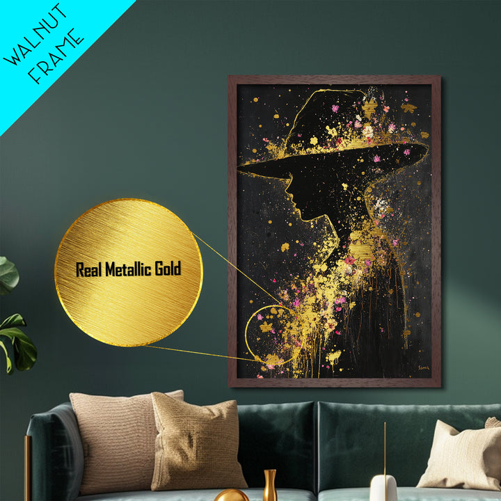 Haunting Silhouette with Floral Hat – Halloween Metallic Gold Art, Spooky Metal Art on Canvas, Natural Wood Frame Wall Hanging