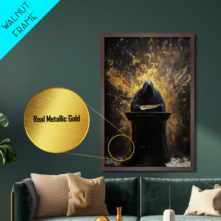 Dark Hooded Reaper Offering Pizza, Gothic Horror Metallic Gold Art, Haunted Season Metal Art in handcrafted wood frame