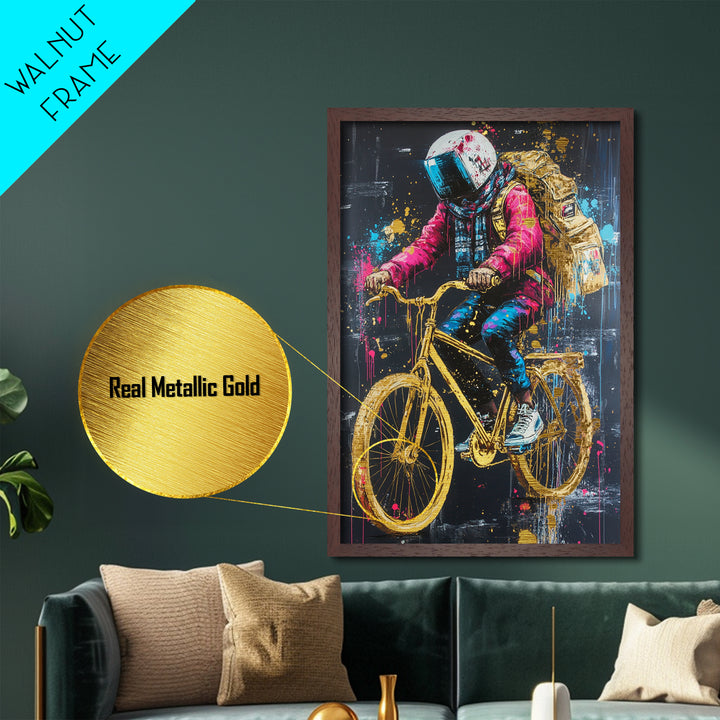Astronaut Biker in Neon Drips – Halloween Metallic Gold Art, Surreal Spooky Season Metal Art, Real Wood Frame Gothic Decor