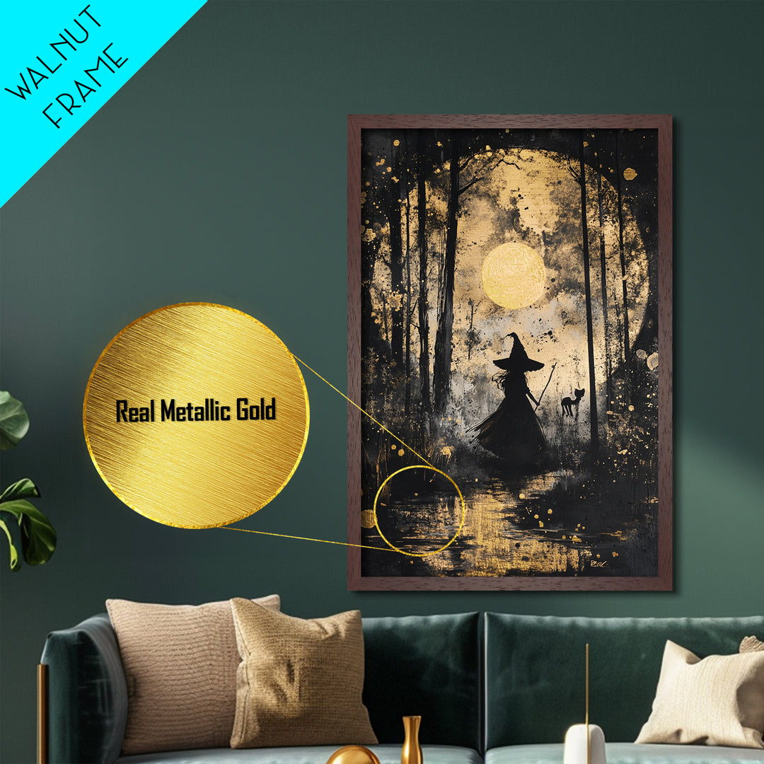 Witch in Forest with Cat and Moon – Metallic Gold Art, Halloween Spooky Metal Art, Gothic Wall Art Framed in Natural Wood