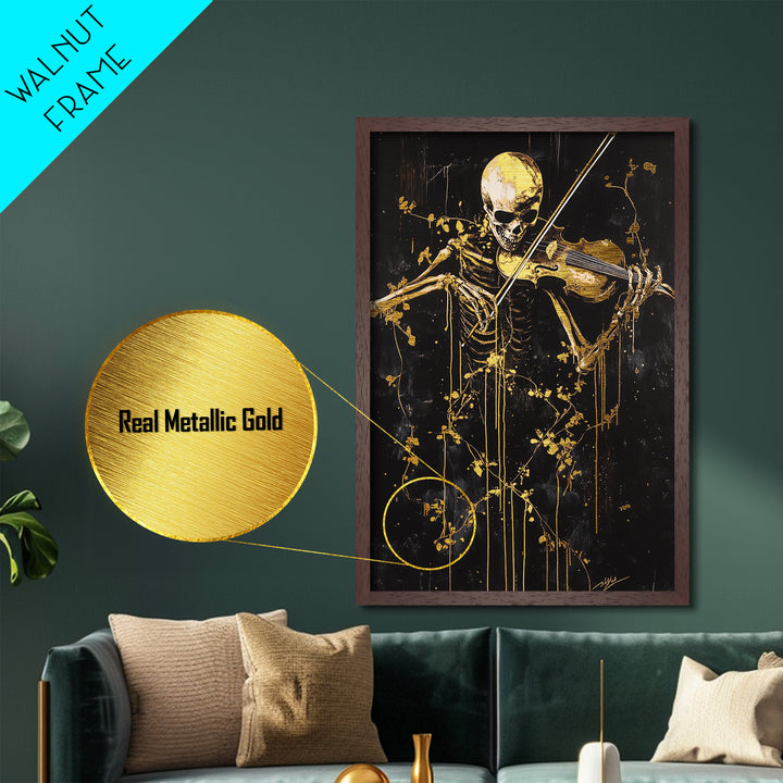 Skeleton Violinist Playing in Gold – Haunted Halloween Metallic Gold Art, Gothic Metal Art, Spooky Decor in Real Wood Frame
