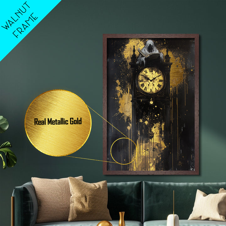 Ghostly Figure atop Gothic Clock – Metallic Gold Art, Haunted Metal Art, Spooky Season Halloween Wall Decor in Real Wood Frame