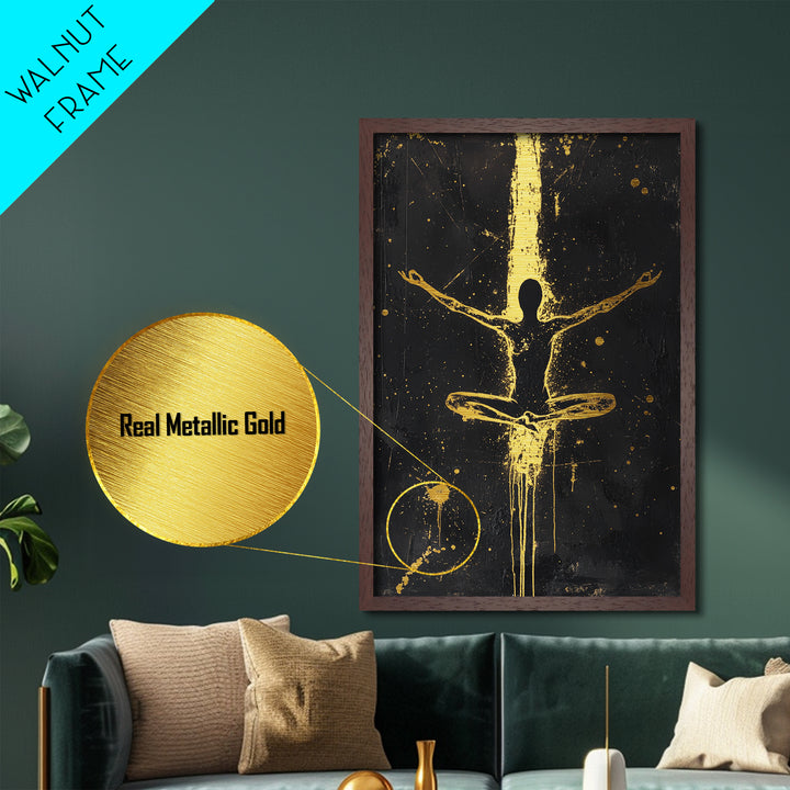 Meditative Silhouette with Golden Aura – Metallic Gold Art, Spiritual Halloween Metal Art, Spooky Season Wall Piece in Wood Frame