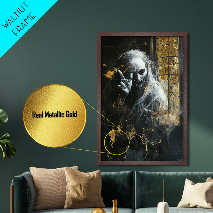 Creepy Ghost by Gothic Window – Metallic Gold Art, Haunted Gothic Metal Art, Halloween Wall Art with Natural Real Wood Frame