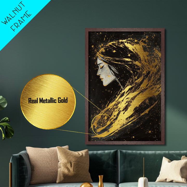 Haunting Woman Profile Metallic Gold Art, Gothic Metal Art Wall Decor in Natural Wood Frame, Spooky Season Halloween Gift