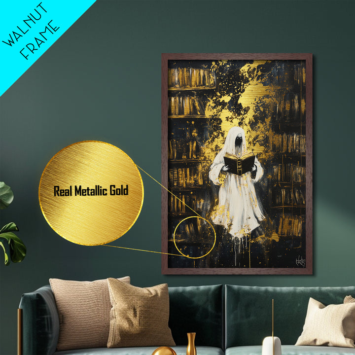 Ghostly Librarian Metallic Gold Art, Spooky Haunted Library Metal Art with Real Wood Frame, Halloween Gothic Wall Hanging
