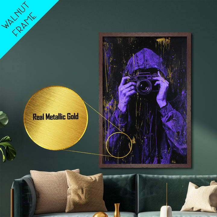 Purple Hooded Photographer Metallic Gold Art, Creepy Urban Metal Art Framed in Real Wood, Halloween Spooky Season Artwork
