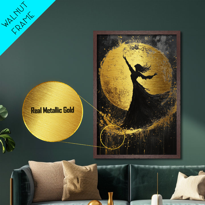 Witch Dancing Under Moon Metallic Gold Art, Spooky Halloween Metal Art in Real Wood Frame, Gothic Wall Decor for Fall