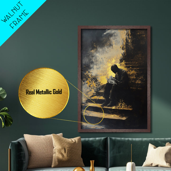 Shadow Reader on Steps, Haunted Gothic Metallic Gold Art, Creepy Halloween Metal Art with spooky vibe in real wood frame