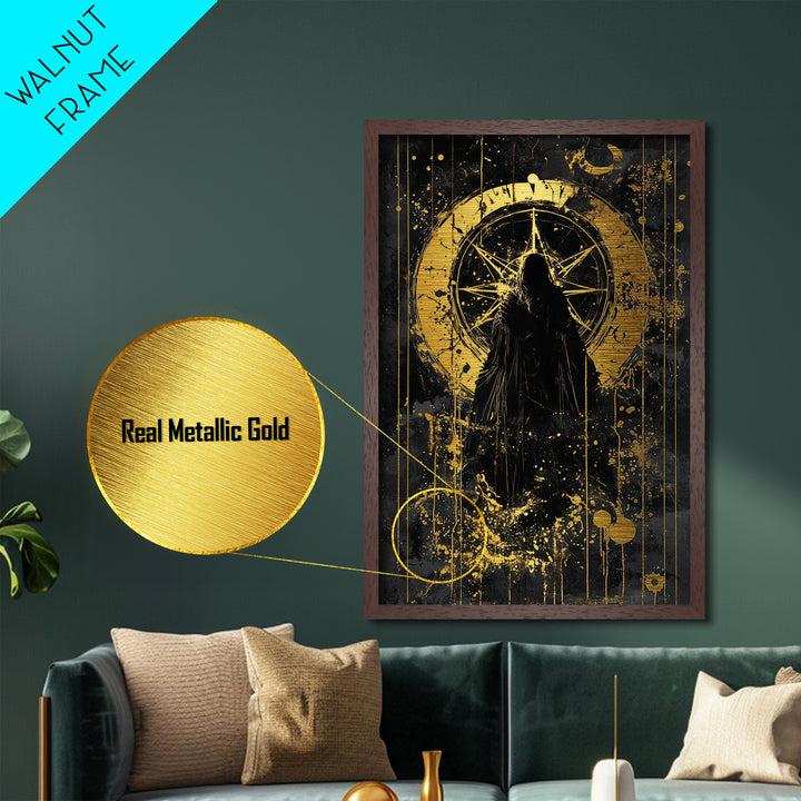 Mystic Compass Metallic Gold Art, Dark Gothic Metal Art Wall Hanging with Real Wood Frame, Spooky Season Halloween Decor