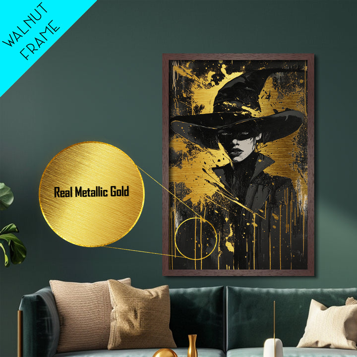 Witch Hat Portrait Metallic Gold Art, Creepy Halloween Metal Art in Wooden Frame, Gothic Spooky Season Witchy Wall Artwork