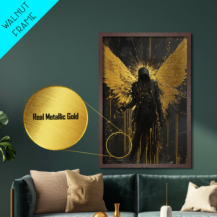 Dark Angel Metallic Gold Art, Gothic Winged Metal Art Wall Decor in Natural Wood Frame, Spooky Halloween Season Wall Artwork