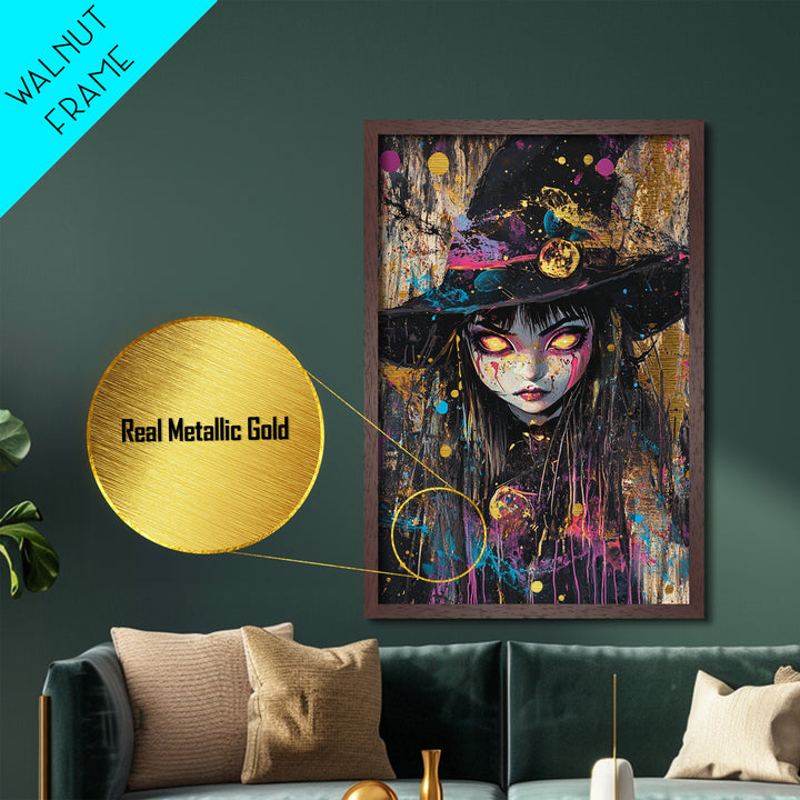Gothic Witch Portrait with Glowing Eyes | Creepy Halloween Metallic Gold Art, Metal Art, Natural Wood Frame Witchy Wall Art