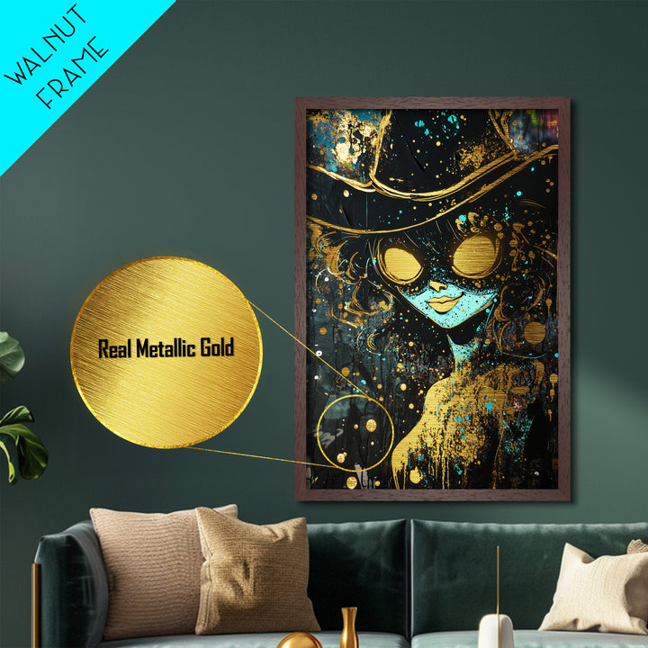 Haunted Sorceress with Fiery Eyes | Metallic Gold Art, Metal Art, Spooky Season Wall Decor in Real Wood Frame Witch Halloween Art