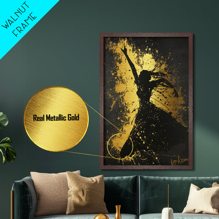 Dancing Silhouette Gothic Spirit, Spooky Splatter Metallic Gold Art, Halloween Horror Metal Art framed in natural wood