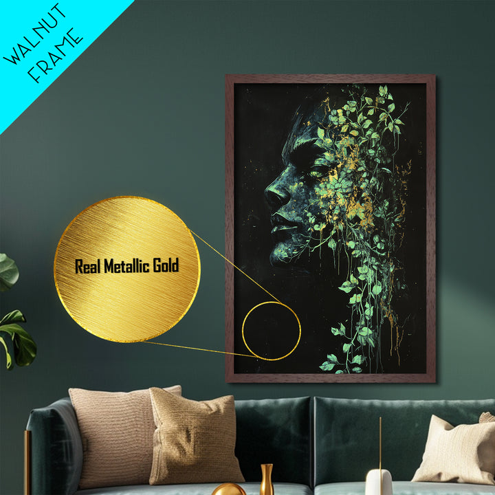 Creepy Botanical Face with Ivy Growth | Gothic Horror Metallic Gold Art, Metal Art, Halloween Nature Spirit Artwork in Wood Frame