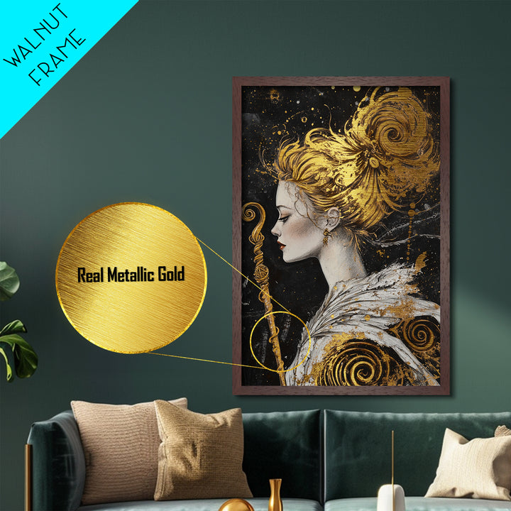 Golden Haired Enchantress with Staff | Witchy Halloween Metallic Gold Art, Metal Art, Mystical Fantasy Portrait in Natural Wood Frame