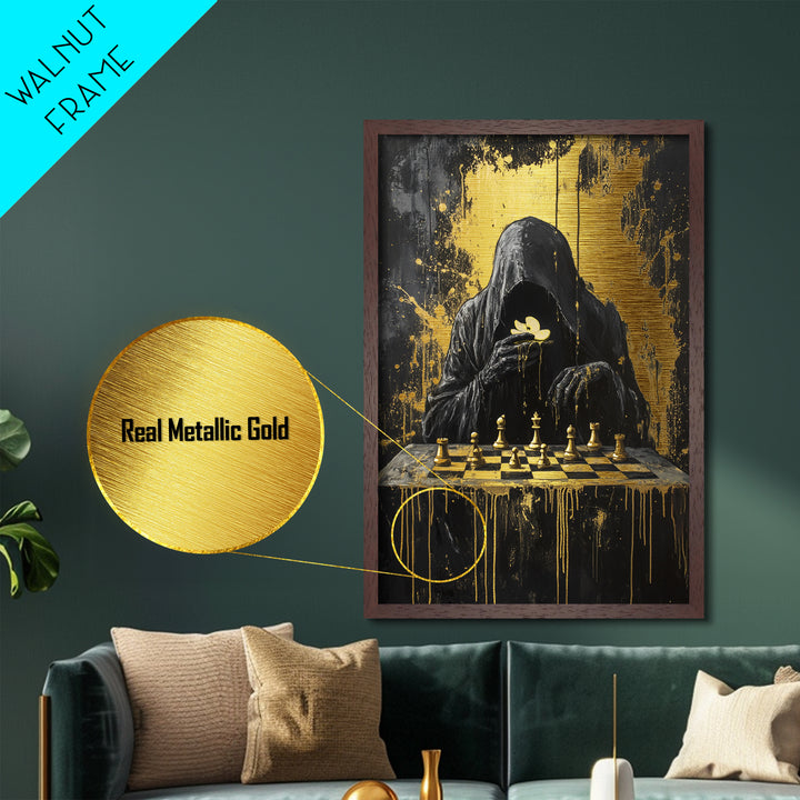 Grim Reaper Playing Chess | Spooky Season Halloween Metallic Gold Art, Metal Art, Gothic Horror Wall Decor in Wood Frame Design
