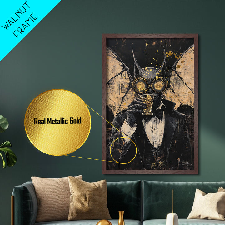 Steampunk Bat Gentleman with Drink | Gothic Halloween Metallic Gold Art, Metal Art, Spooky Vampiric Decor with Natural Wood Frame