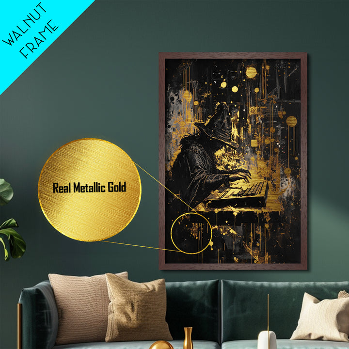 Witch Hacker Spooky Season Wall Decor, Metallic Gold Art Metal Art, Creepy Haunted Painting with Real Wood Frame