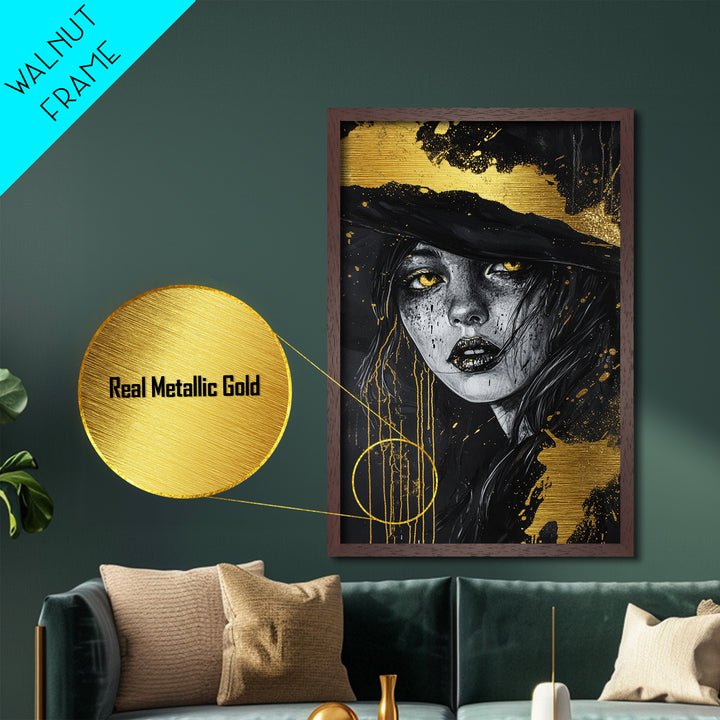 Witchy Woman Portrait, Metallic Gold Art Metal Art, Gothic Halloween Wall Decor in Real Wood Frame for Spooky Season