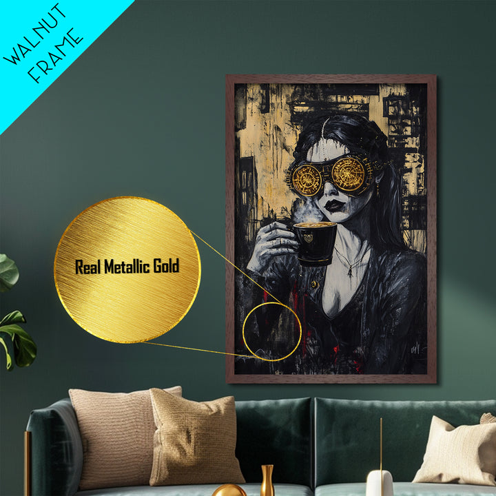 Steampunk Witch Metallic Gold Art, Spooky Gothic Metal Art Portrait, Halloween Wall Hanging with Real Wood Frame