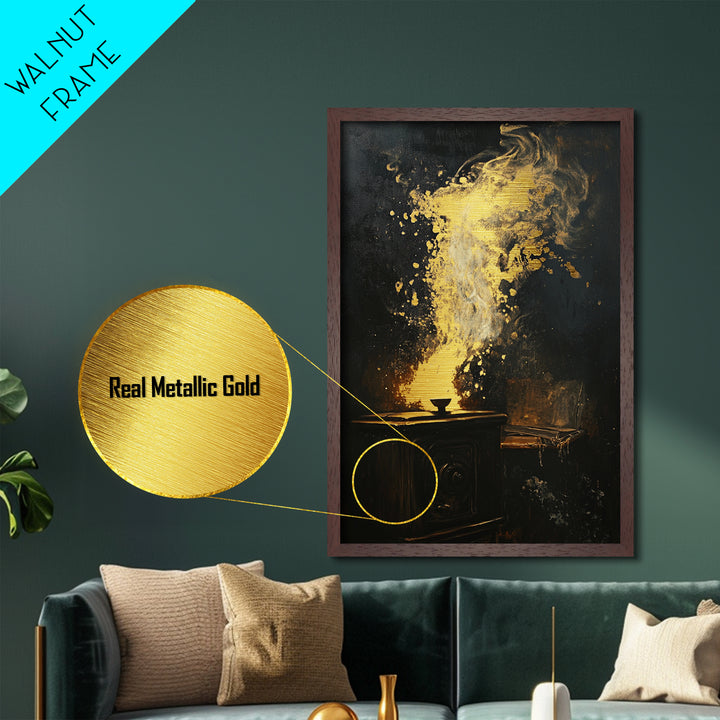 Haunted Fireplace Halloween Decor, Metallic Gold Art Metal Art, Dark Spooky Horror Wall Art with Real Wood Framing