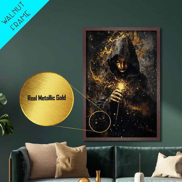 Mystical Hooded Sorceress, Metallic Gold Art Metal Art, Spooky Season Gothic Halloween Wall Art with Wood Frame