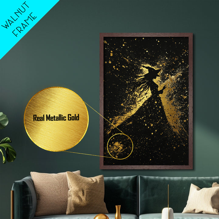 Witch Silhouette Halloween Wall Art, Metallic Gold Art Metal Art, Spooky Haunted Night Decor in Handcrafted Real Wood Frame