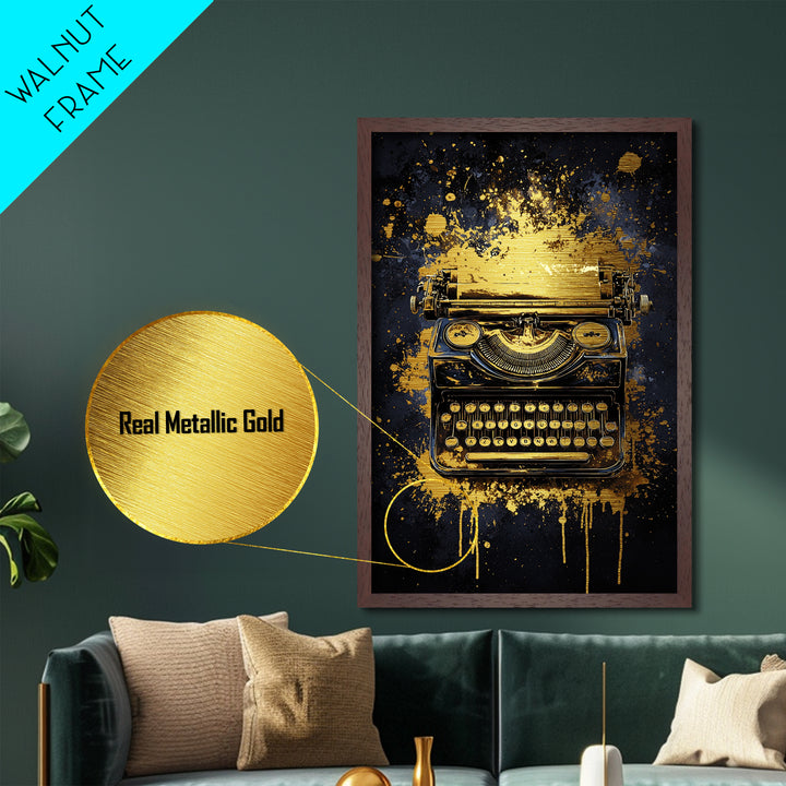 Gothic Typewriter Halloween Art, Metallic Gold Art Metal Art, Creepy Haunted Spooky Season Print with Real Wood Frame