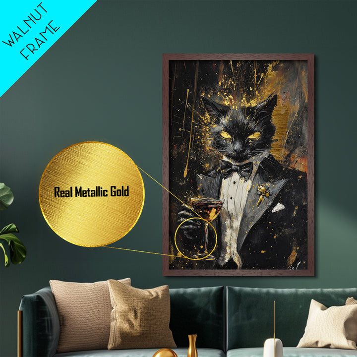 Black Cat in Tuxedo Wall Decor, Metallic Gold Art Metal Art, Spooky Halloween Gothic Artwork Framed in Real Wood