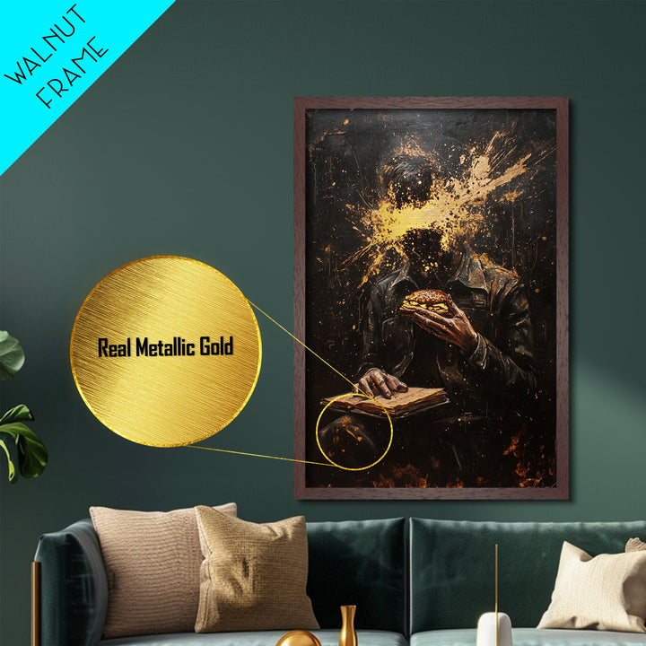 Haunted Horror Burger Painting, Metallic Gold Art Metal Art, Creepy Halloween Gothic Wall Decor with Real Wood Frame