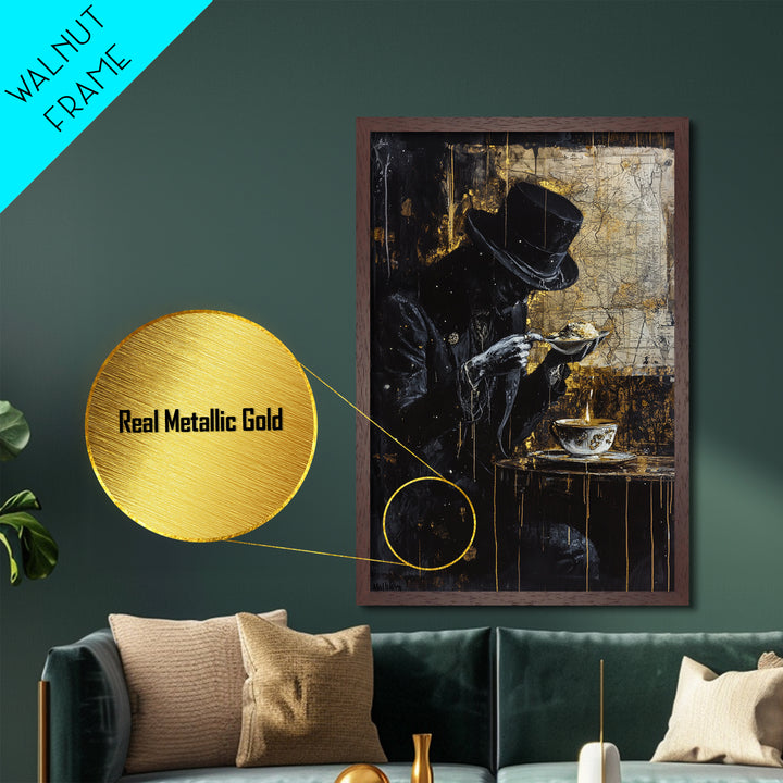 Haunted Gentleman Dining Metallic Gold Art Gothic Metal Art with Real Wood Frame | Spooky Halloween Wall Decor