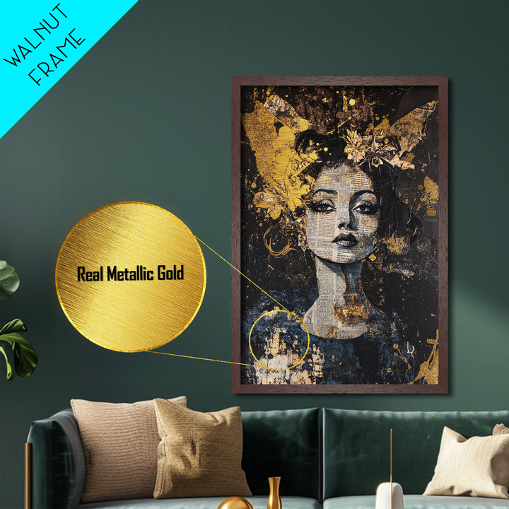 Witchy Woman Collage Metallic Gold Art Gothic Metal Art with Newspaper Texture | Spooky Portrait Wall Art in Real Wood Frame