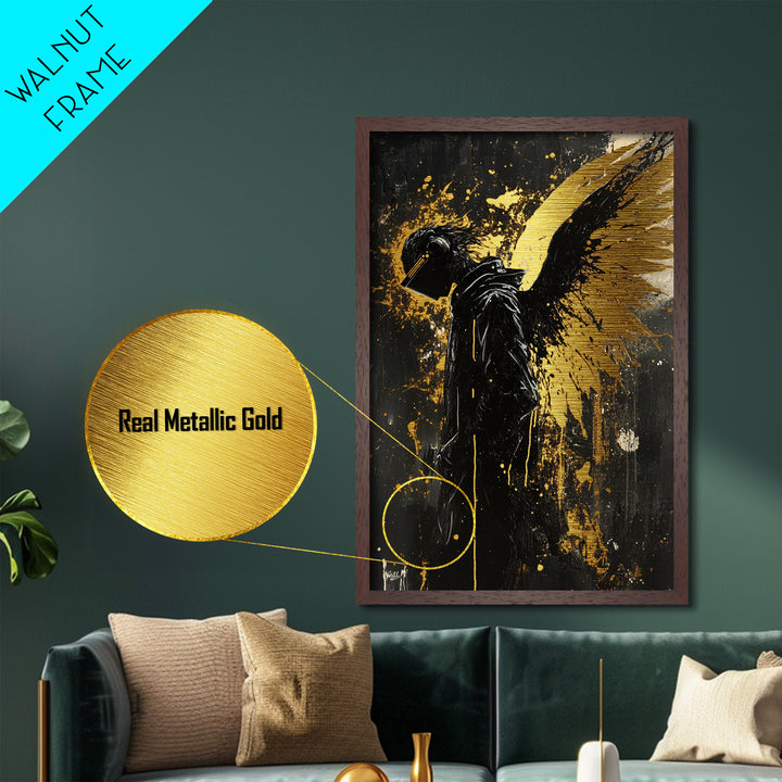 Dark Angel with Golden Wings Metallic Gold Art Gothic Metal Art | Spooky Season Decor Framed in Natural Wood