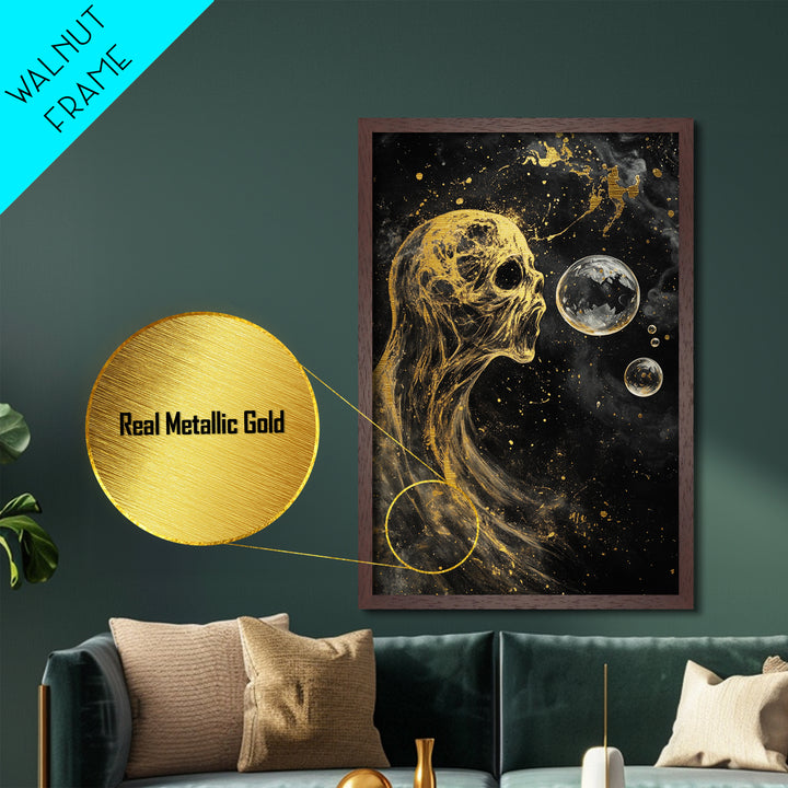 Ethereal Spirit Blowing Bubbles Metallic Gold Art Creepy Halloween Metal Art | Haunted Gothic Wall Art in Wood Frame