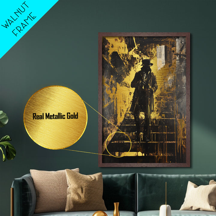 Victorian Gentleman on Stairs Metallic Gold Art Gothic Horror Metal Art | Spooky Halloween Wall Decor with Real Wood Frame