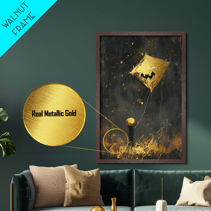 Pumpkin Head Kite Flying Metallic Gold Art Whimsical Halloween Metal Art | Cute Spooky Wall Hanging Framed in Real Wood