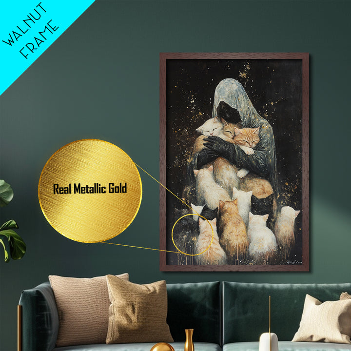 Grim Reaper with Cats Metallic Gold Art Whimsical Metal Art | Spooky Season Gothic Wall Art in Real Wood Frame