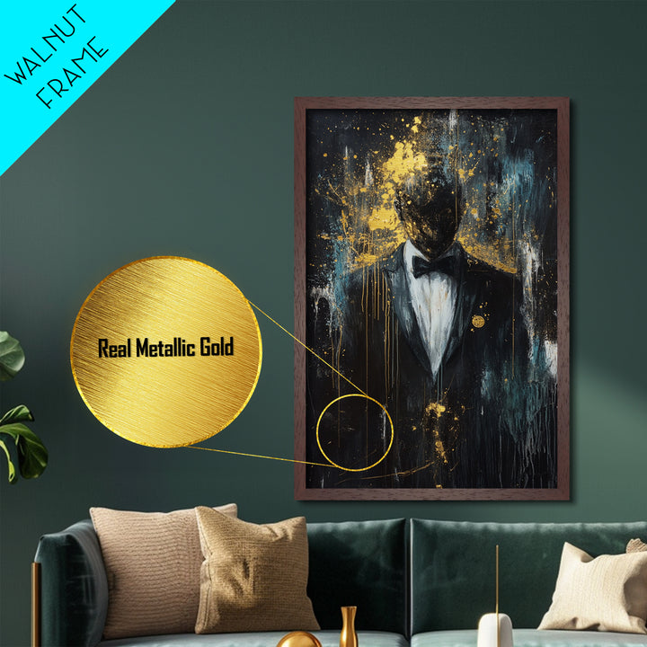 Spooky Gentleman in Tuxedo Metallic Gold Art, Gothic Haunted Portrait Metal Art with Real Wood Frame for Halloween Wall Decor