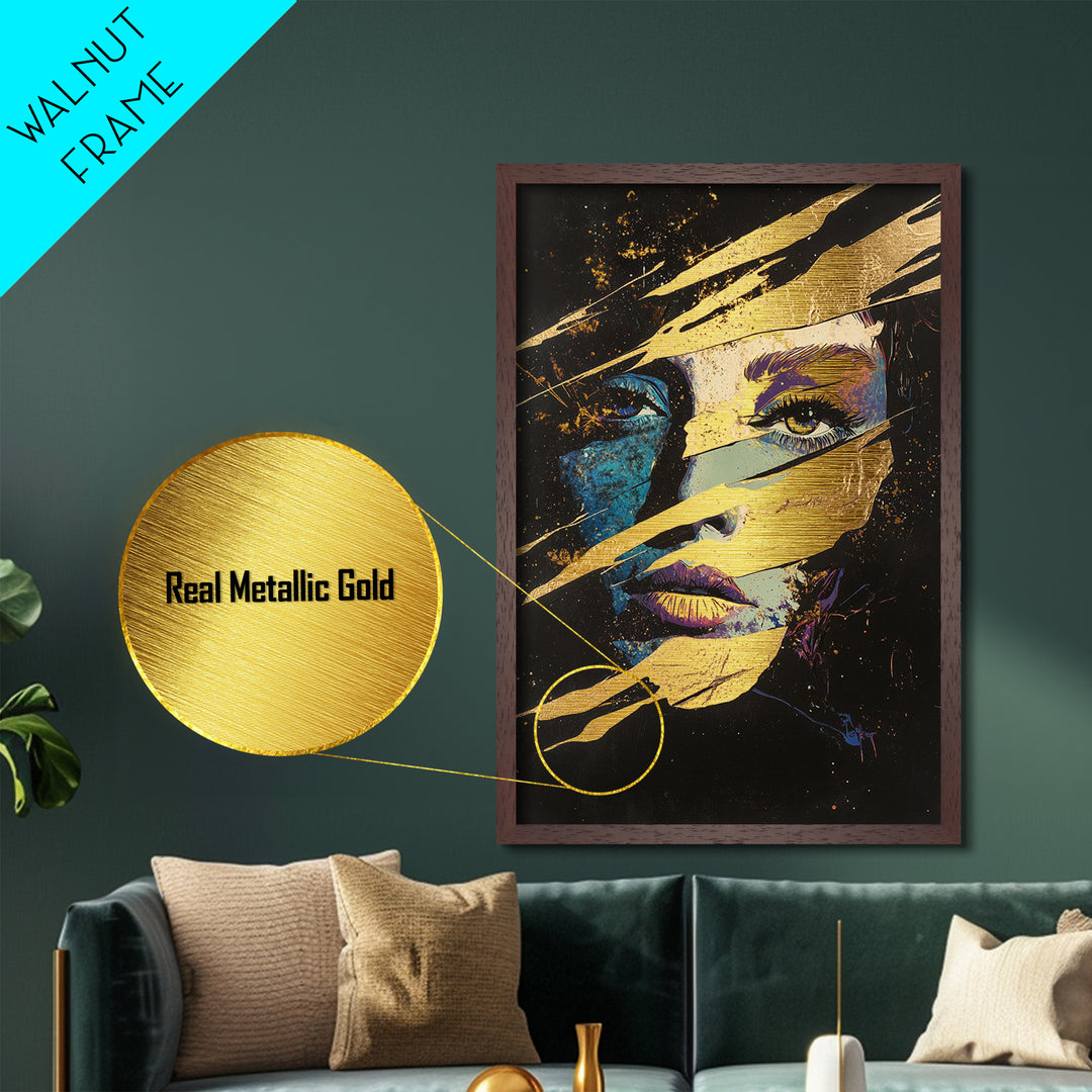Witchy Woman Masked Portrait Metallic Gold Art, Spooky Season Horror Face Metal Art Framed in Natural Wood for Gothic Home
