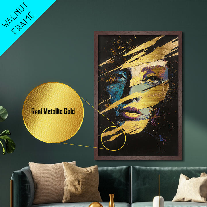 Witchy Woman Masked Portrait Metallic Gold Art, Spooky Season Horror Face Metal Art Framed in Natural Wood for Gothic Home